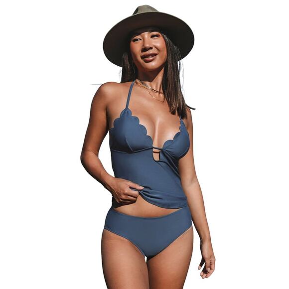 Cupshe Women's Navy Blue Solid Scalloped Tankini and Classic Hipster Set Large - Picture 1 of 9